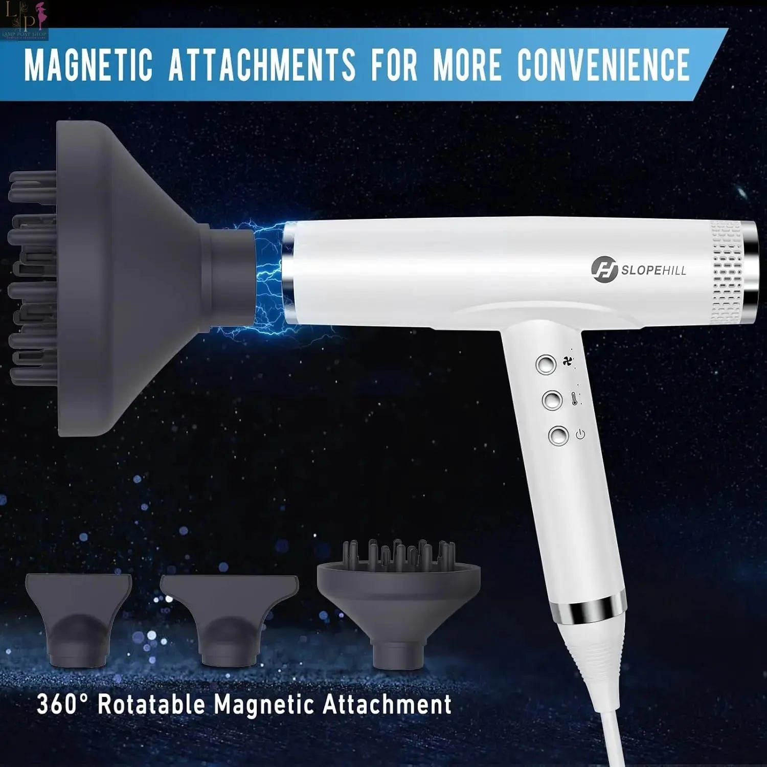Lamp Post professional ionic hair dryer with diffuser, high-speed blow dryer for smooth, styled hair.
