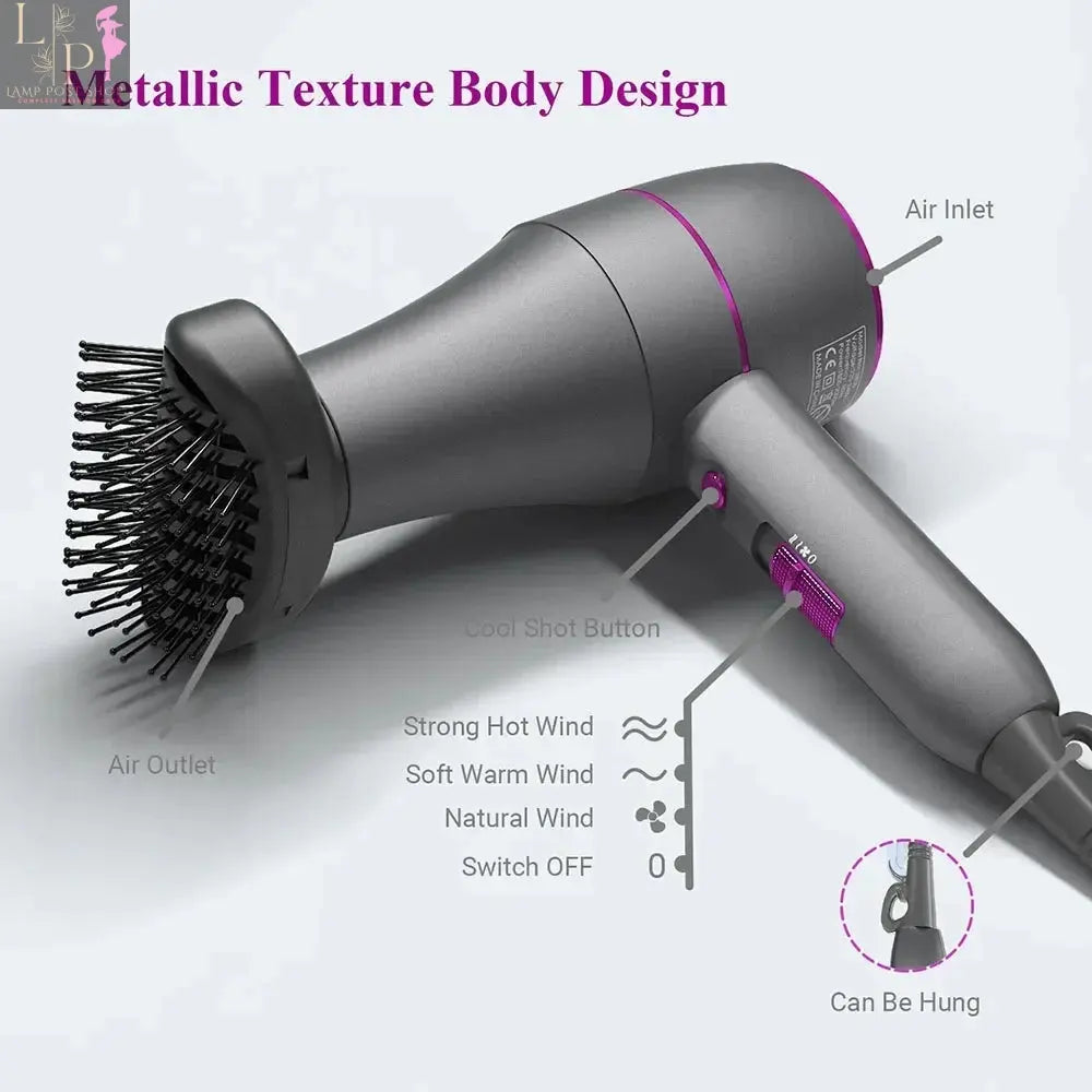 Violet Lamp Post professional 1800W hair dryer with hot and cold wind, lightweight design, and ergonomic handle.