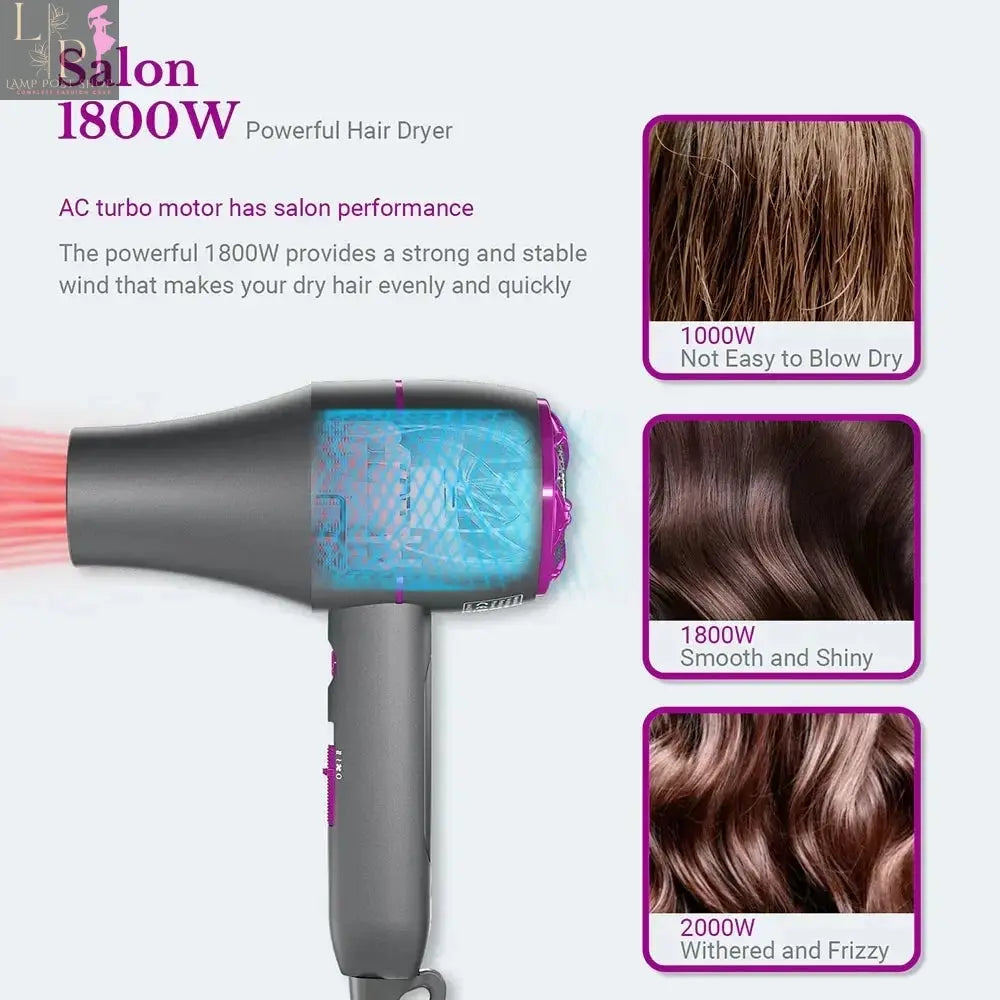 Lamp Post professional violet hair dryer with 1800W power, hot and cold air settings, and a strong wind blower for styling.