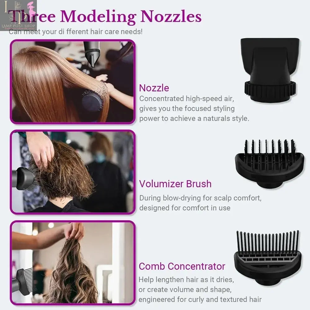 Lamp Post professional violet hair dryer with 1800W power, featuring hot and cold wind settings and ergonomic design.