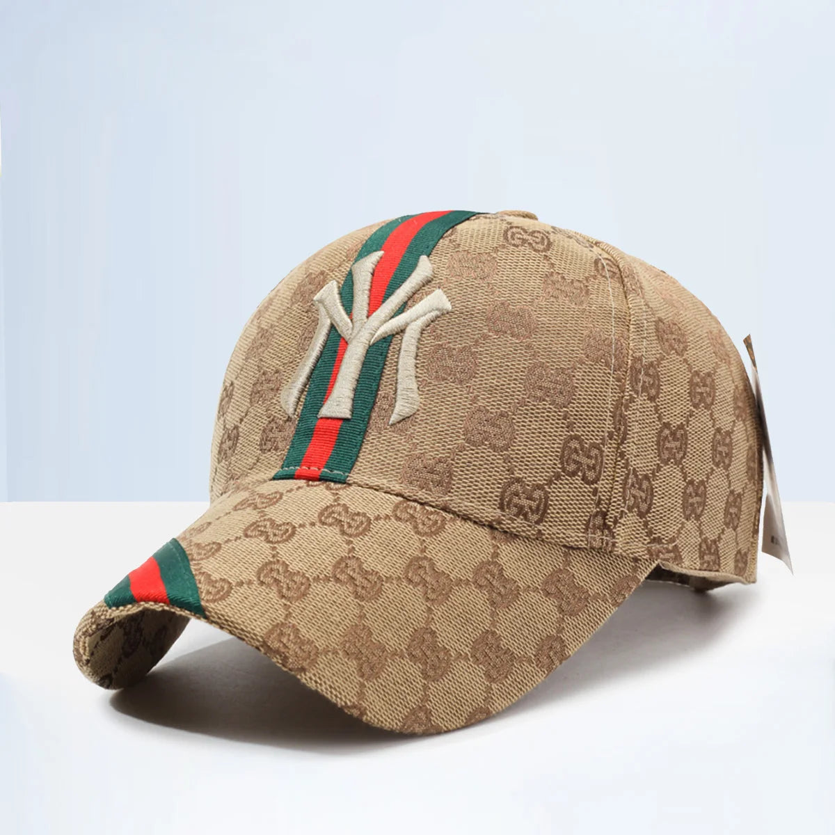 Unisex khaki and white embroidered hip-hop style baseball hat by Lamp Post, adjustable outdoor casual sunscreen cap.