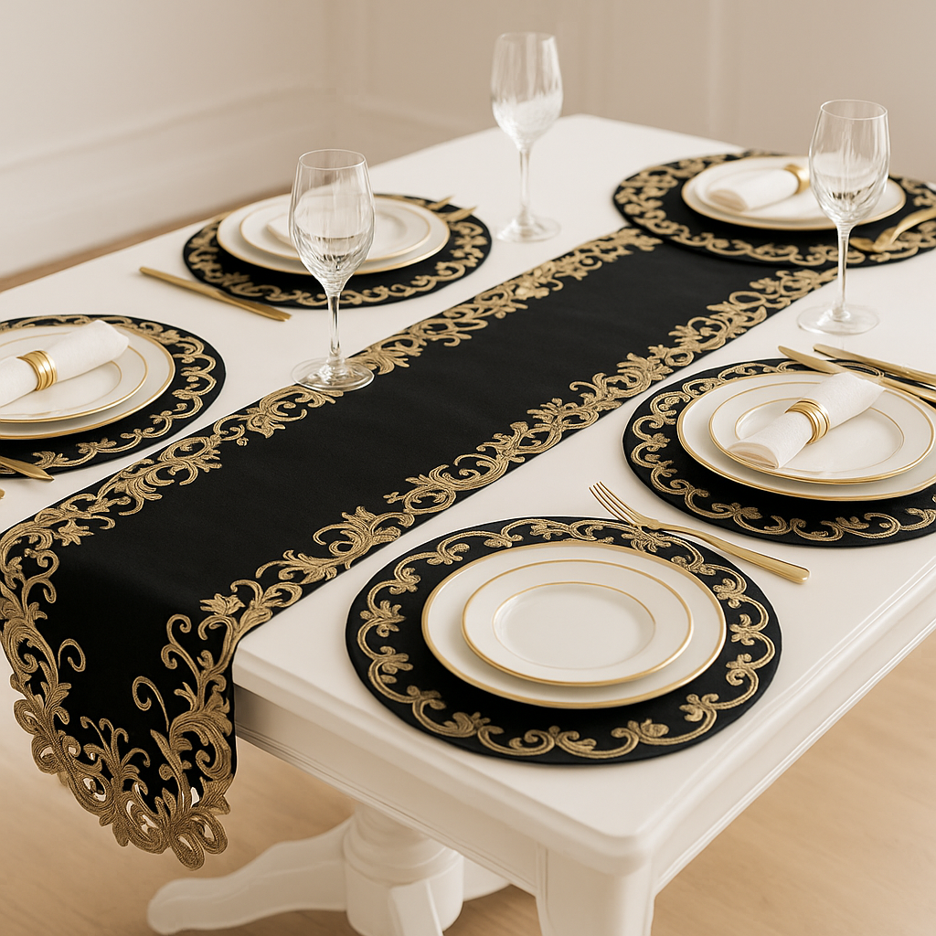 Elegant black farmhouse table runner by Lamp Post, rustic linen style for dining room decor, suitable for everyday and holidays.