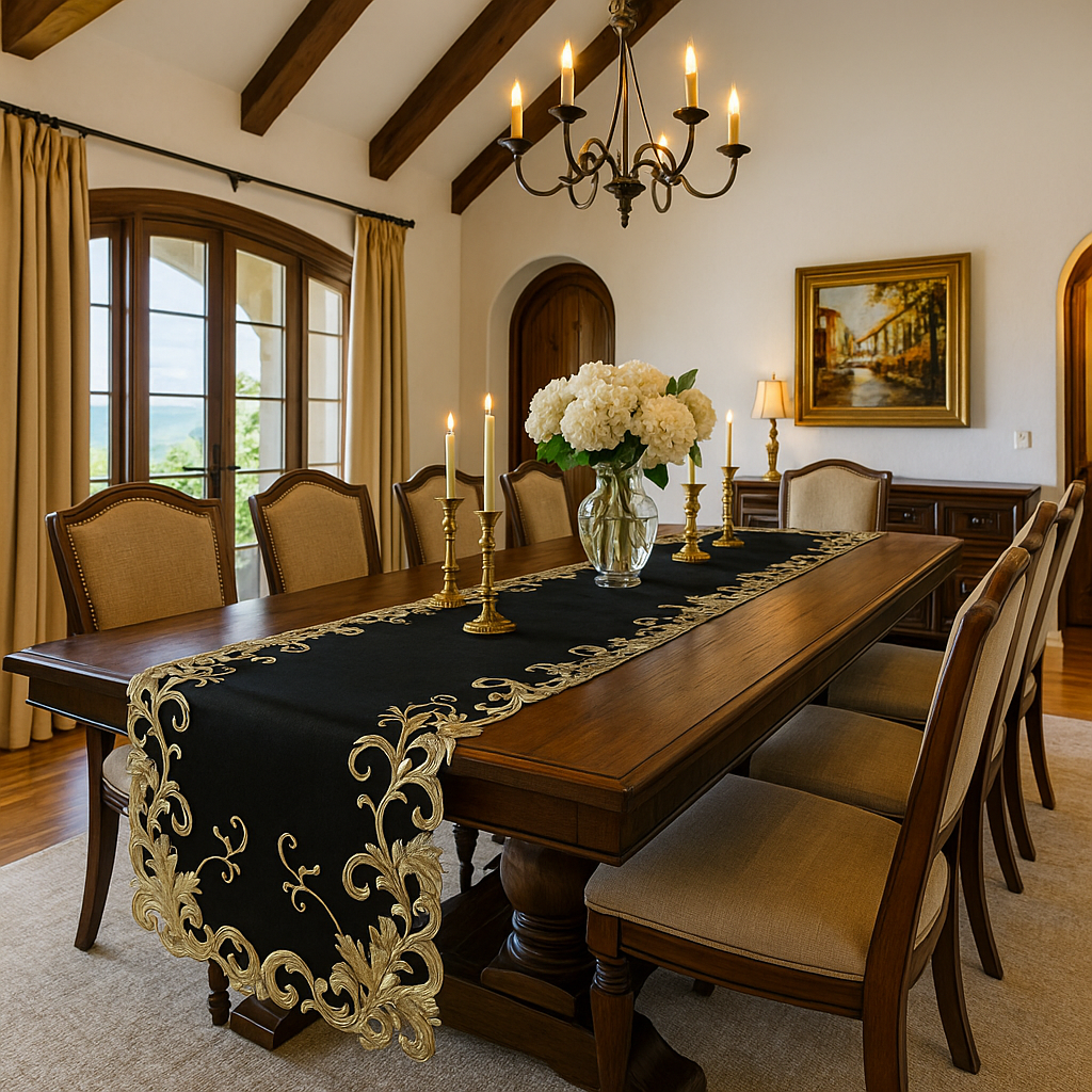 Elegant farmhouse linen table runner by Lamp Post, black rustic decor for dining room, ideal for everyday and holiday settings.