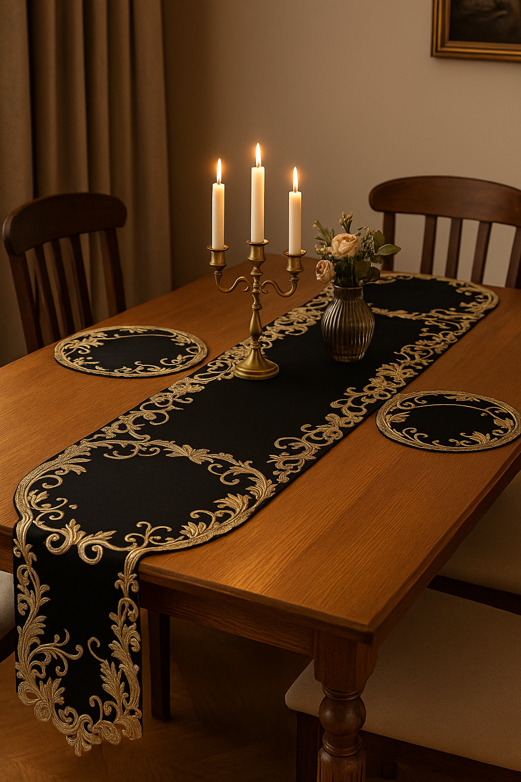 Elegant black farmhouse table runner by Lamp Post, rustic linen style for dining room decor, suitable for everyday and holiday settings.