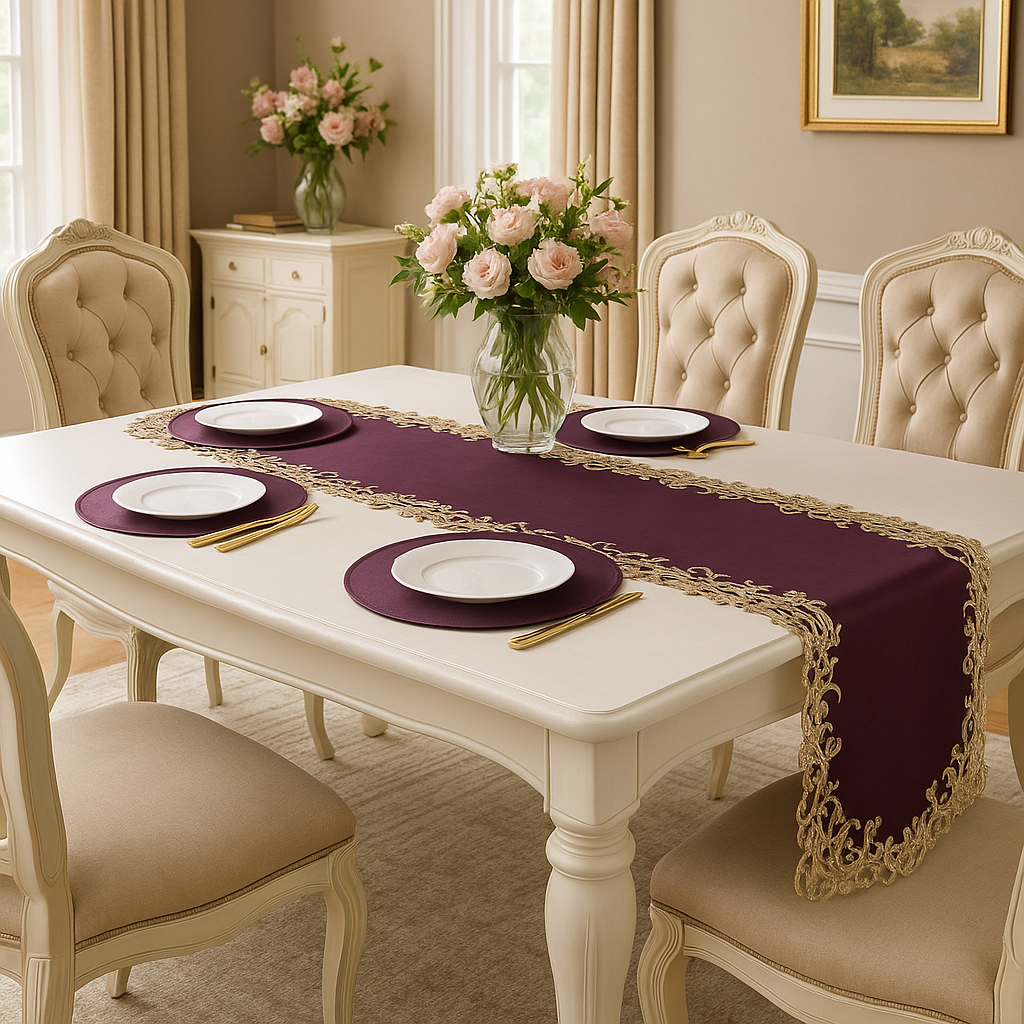 Elegant farmhouse table runner in rustic linen style, perfect for dining room decor and holiday or everyday use.