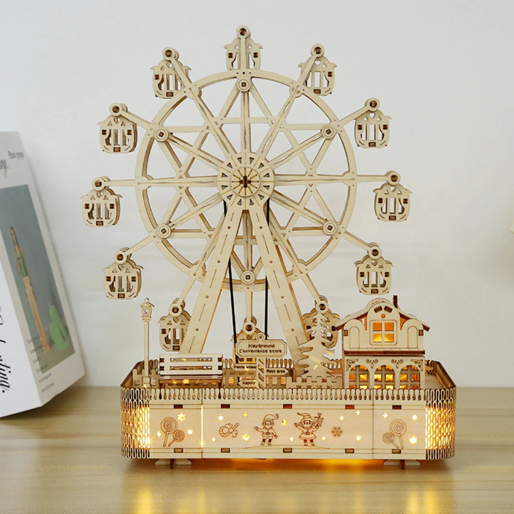 Wooden building kit for DIY office desk decor, featuring a carousel model from Lamp Post, perfect for home or office decoration.