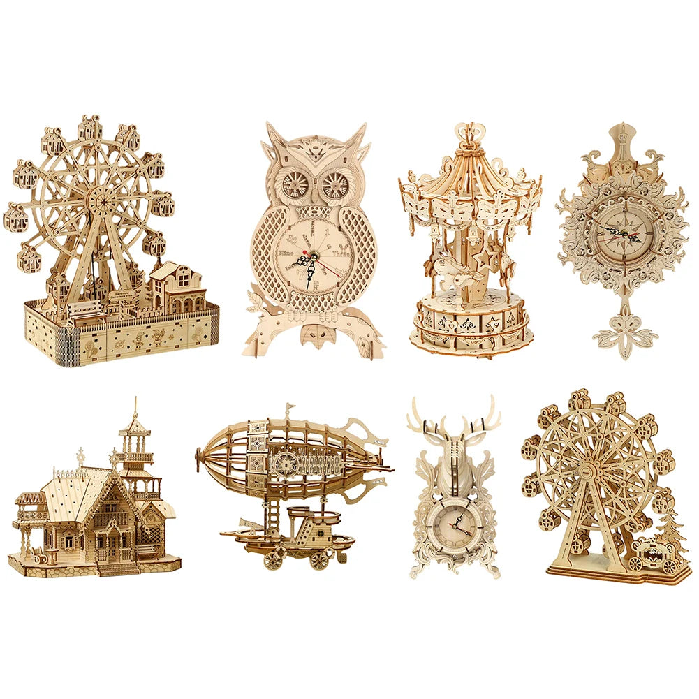 Wooden carousel desk ornament kit by Lamp Post, a DIY home decor model with intricate wooden building details for office or home.