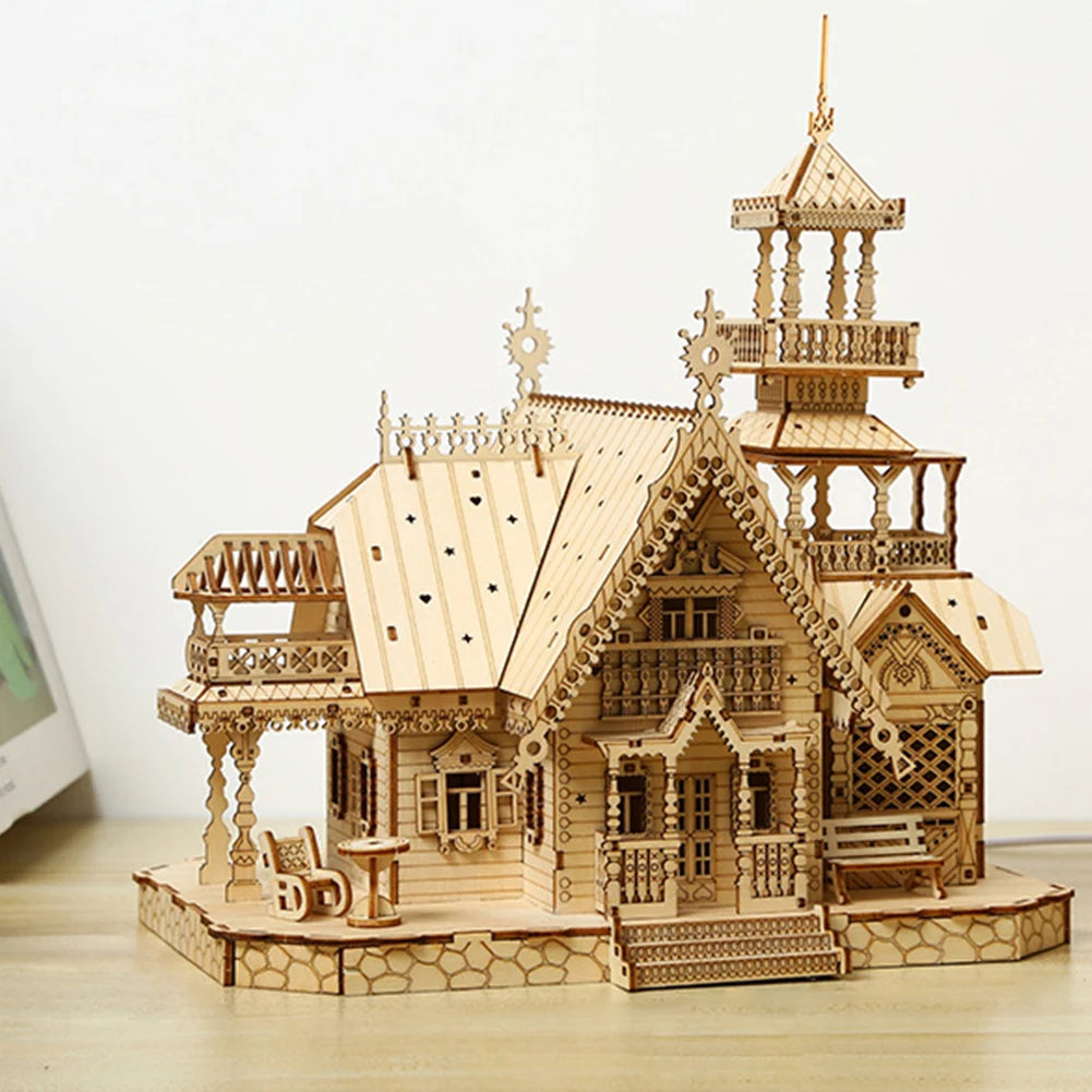 Wooden building kit by Lamp Post featuring a carousel desktop ornament for DIY home office decor and wooden model displays.