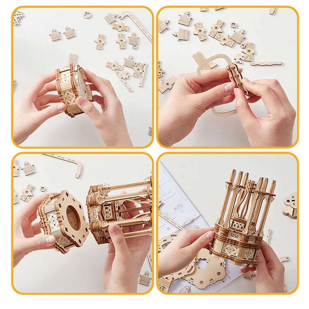 Wooden building kit by Lamp Post featuring a carousel design, ideal for DIY office desk decor and home ornament displays.