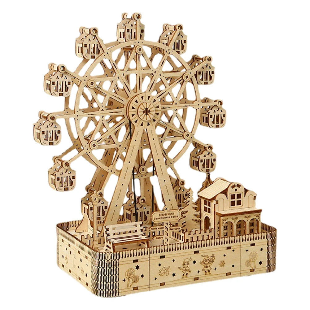 Lamp Post DIY wooden building kit for home office decor, featuring a carousel desktop ornament and miniature wood model for desk decor