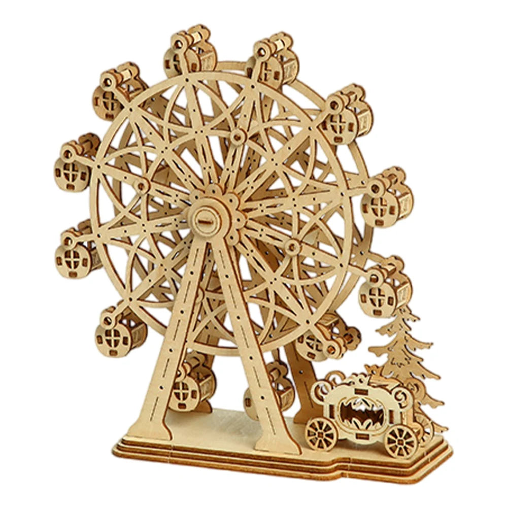 Wooden building kit for DIY office desk decor featuring a carousel ornament, ideal for home or office decoration by Lamp Post.