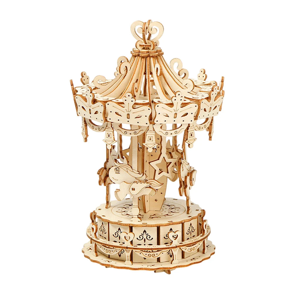 Wooden building kit for DIY office desk decor by Lamp Post, featuring a carousel-style desktop ornament for home or office.