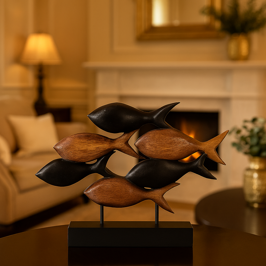 Handcrafted wooden fish sculpture decor by Lamp Post, farmhouse-style home ornament, natural wood art for rustic interior decor.