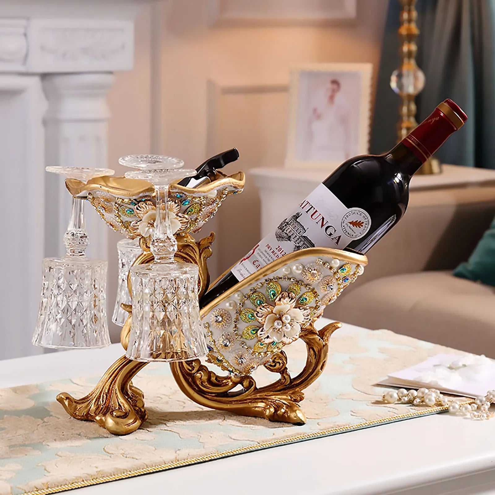 Gold Lamp Post wine bottle holder and rack stand for home decor, ideal for wine storage and stylish display in bar or living space.