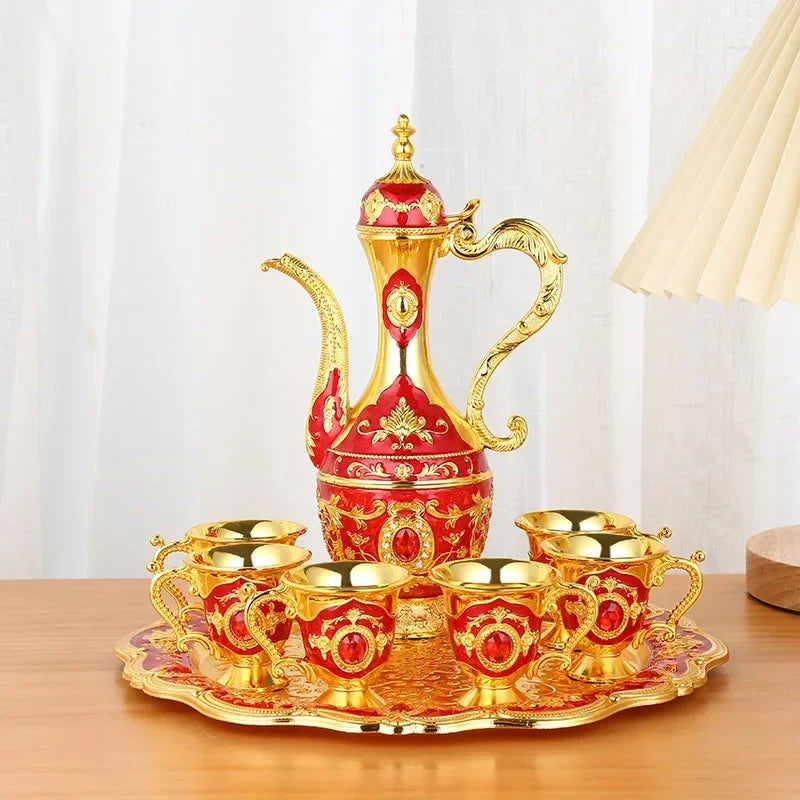 Vintage metal Turkish coffee pot set with six luxury cups, craft tea tray, and European-style teapot for elegant tea serving.