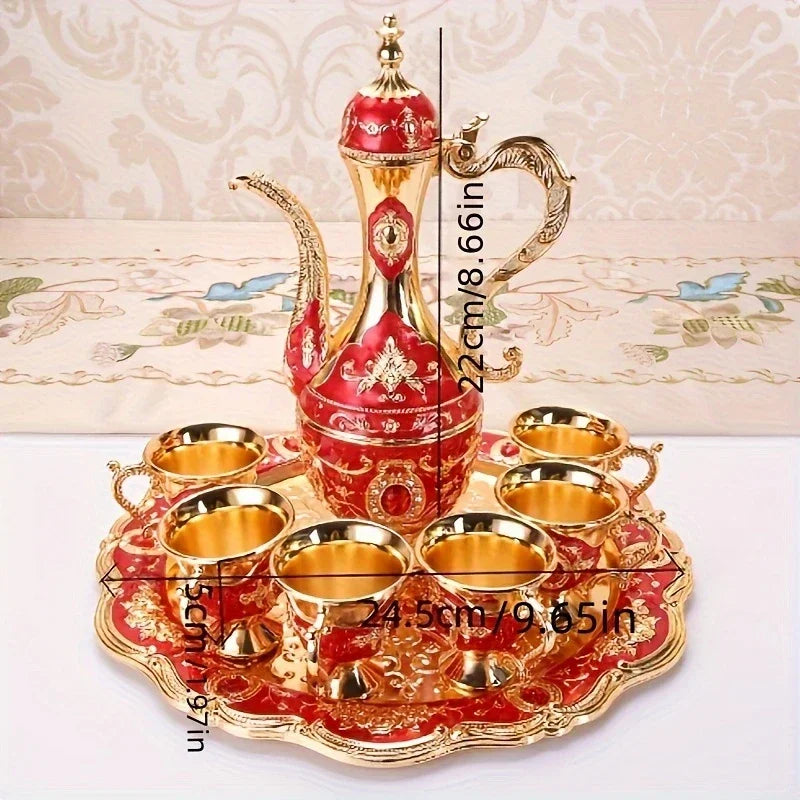 Vintage metal Turkish coffee pot set with 6 luxury coffee cups, craft tea tray, and teapot for elegant tea serving and home decor.