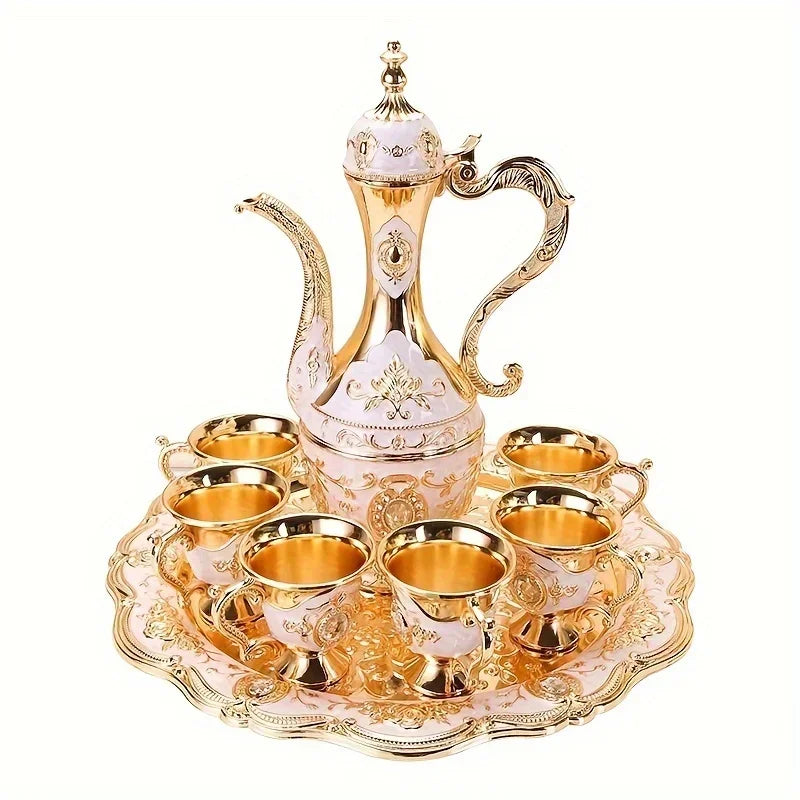 Vintage metal Turkish coffee pot set with six luxury cups, craft tea tray, and teapot for elegant tea serving, European style decor.