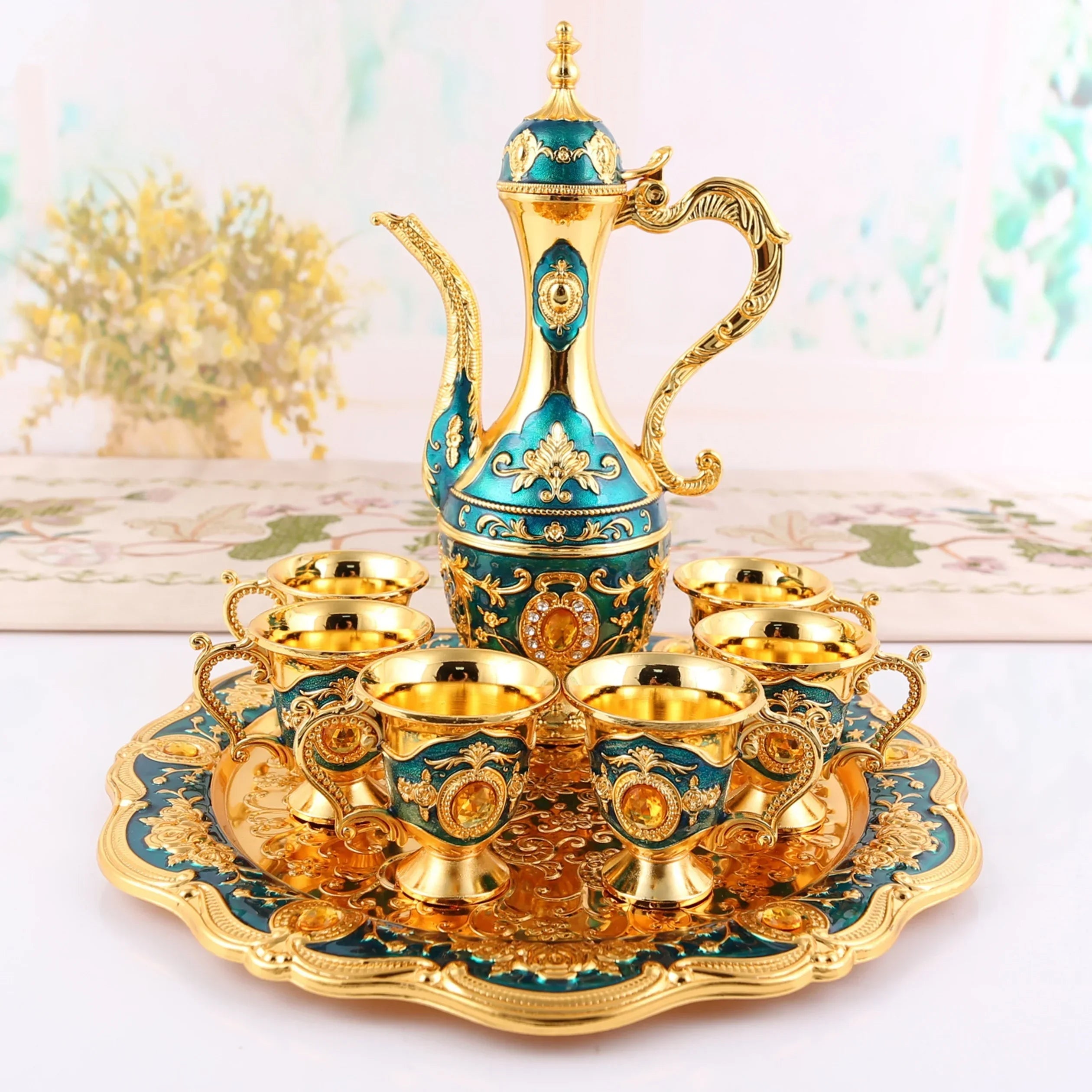 Vintage metal Turkish coffee pot set with six luxury cups, craft tea tray, and teapot for elegant tea serving.