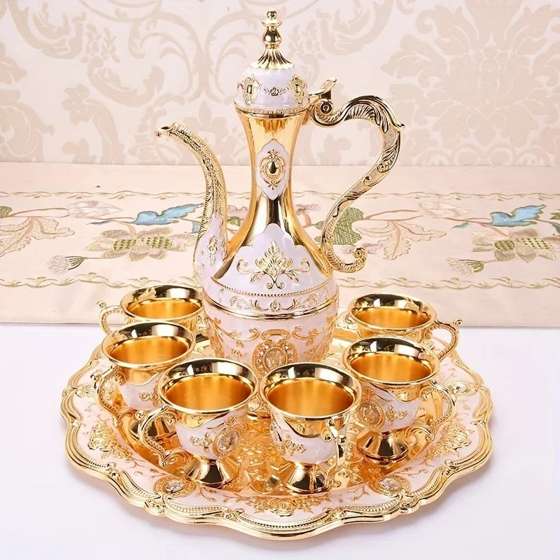 Vintage metal Turkish coffee pot and European-style tea set with 6 luxury cups, tea tray, and teapot for elegant tea serving.