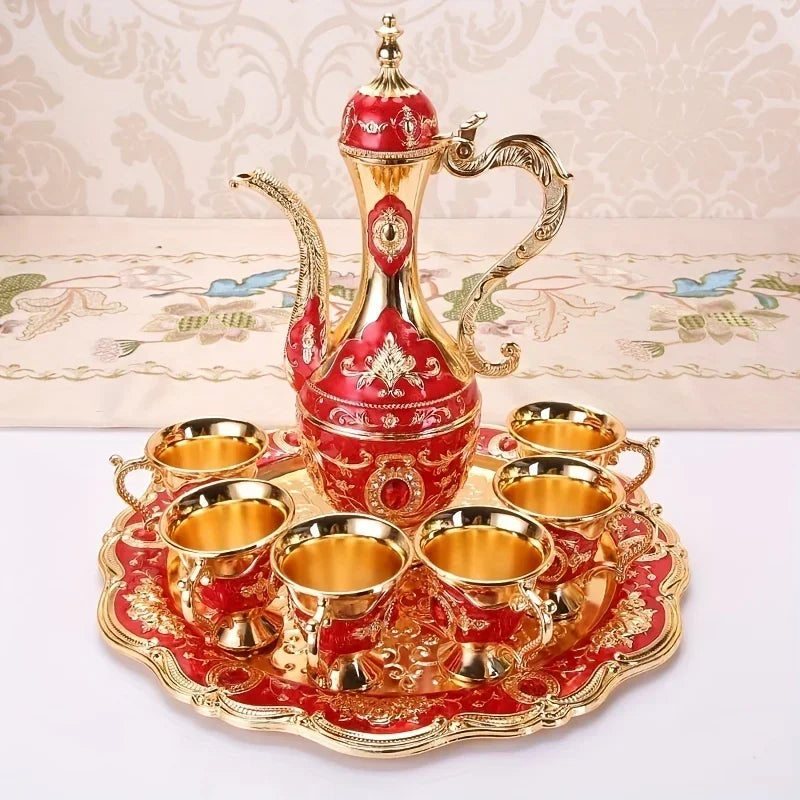 Vintage metal Turkish coffee pot and European style tea set with six luxury cups, craft tea tray, and teapot for elegant tea serving.
