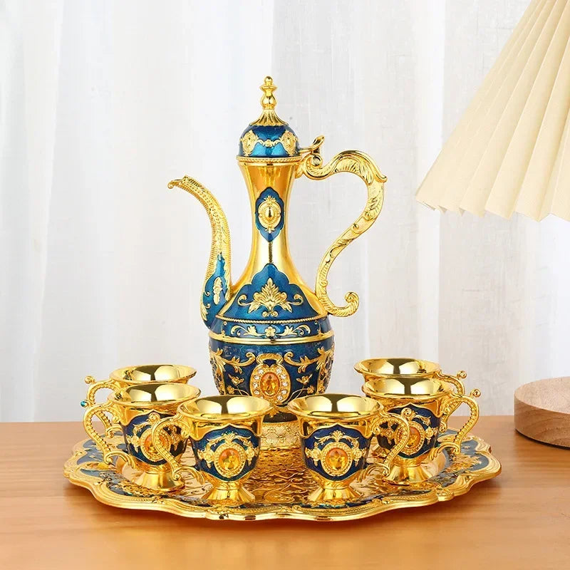 Vintage metal Turkish coffee pot set with 6 luxury cups, craft tea tray, and teapot for elegant home decor and tea serving.