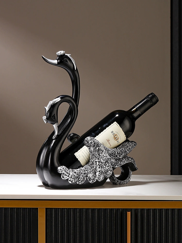 Lamp Post black swan wine rack decoration for home, stylish red wine bottle shelf for dining table or side cabinet decor.