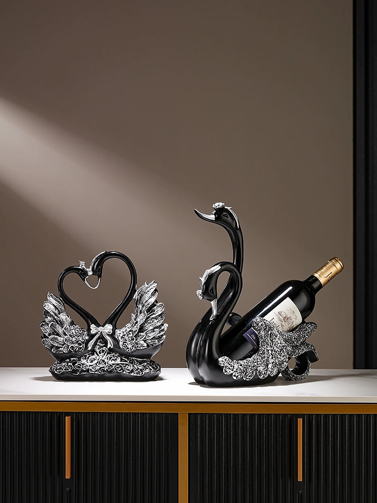 Black Swan wine rack decoration by Lamp Post, stylish home decor for dining tables, holds red wine bottles elegantly.