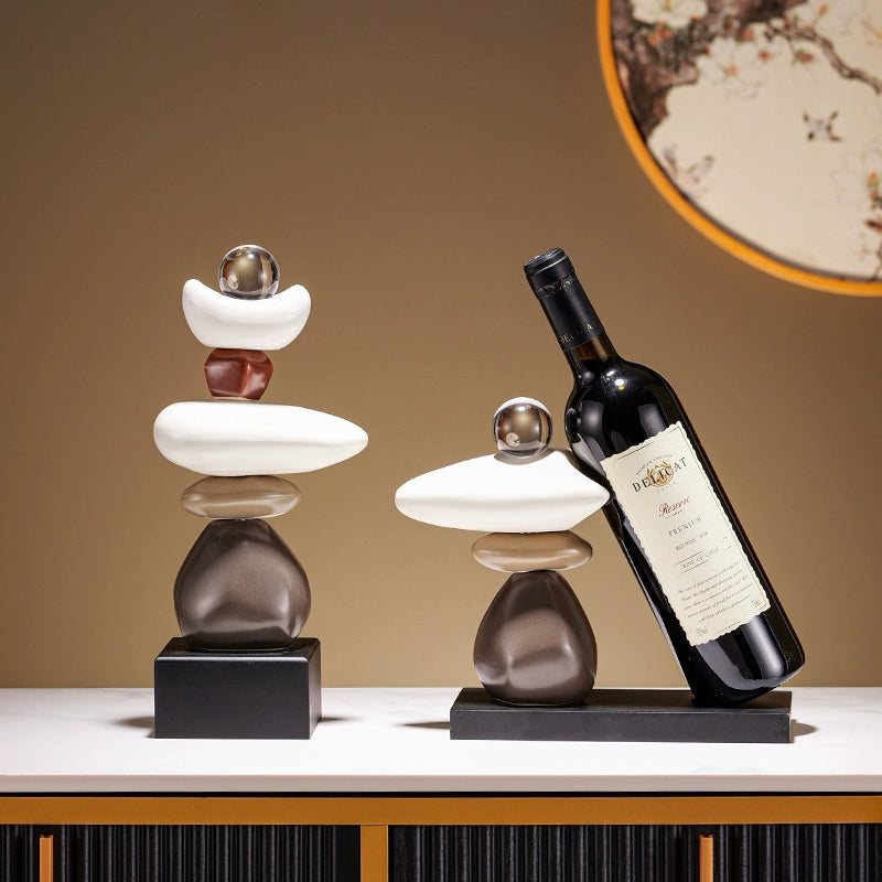 Lamp Post black swan wine rack decoration on dining table, stylish red wine bottle shelf for home decor and wine storage.