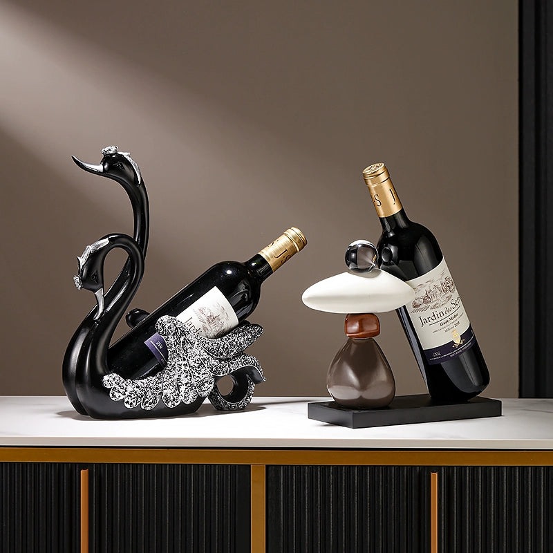 Black Swan wine rack by Lamp Post, stylish home decor for dining tables, holds red wine bottles as a decorative side cabinet.