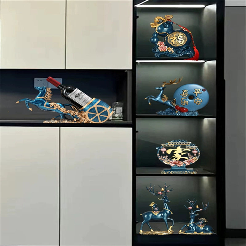 Sapphire blue Elk-shaped Lamp Post home decor wine rack, high-end kitchen and living room wine holder, accessible luxury design.