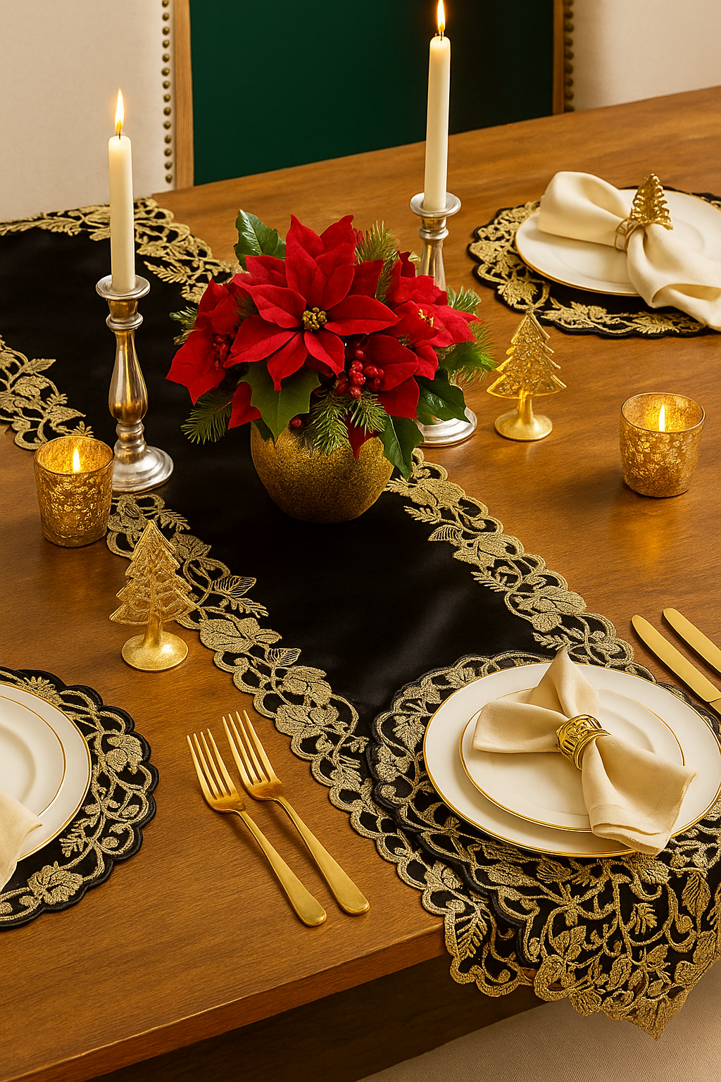 Set of four black woven farmhouse placemats for dining tables, washable home decor for everyday and holiday use by Lamp Post.