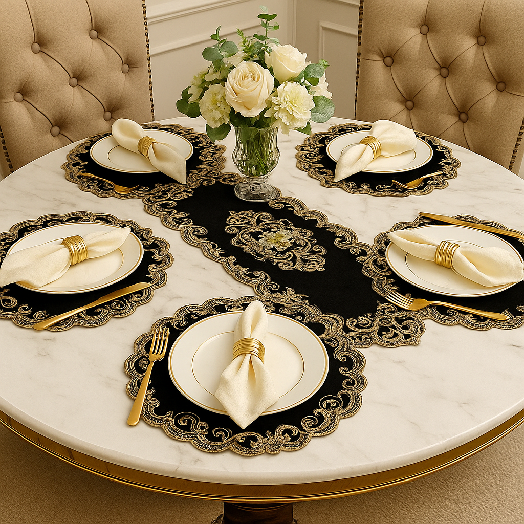 Set of four black woven farmhouse placemats from Lamp Post, washable home decor for dining tables, suitable for daily and holiday use.