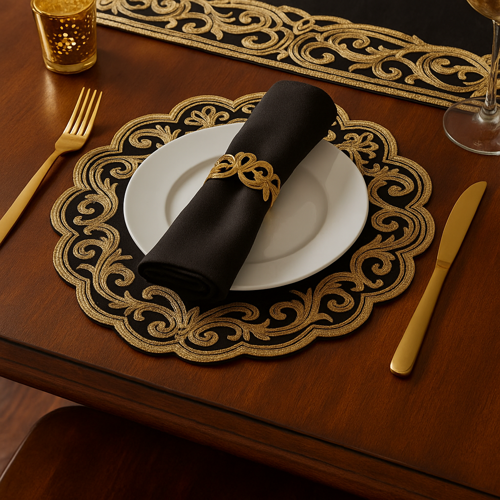 Set of four black washable woven farmhouse placemats for dining table, suitable for everyday and holiday home decor.