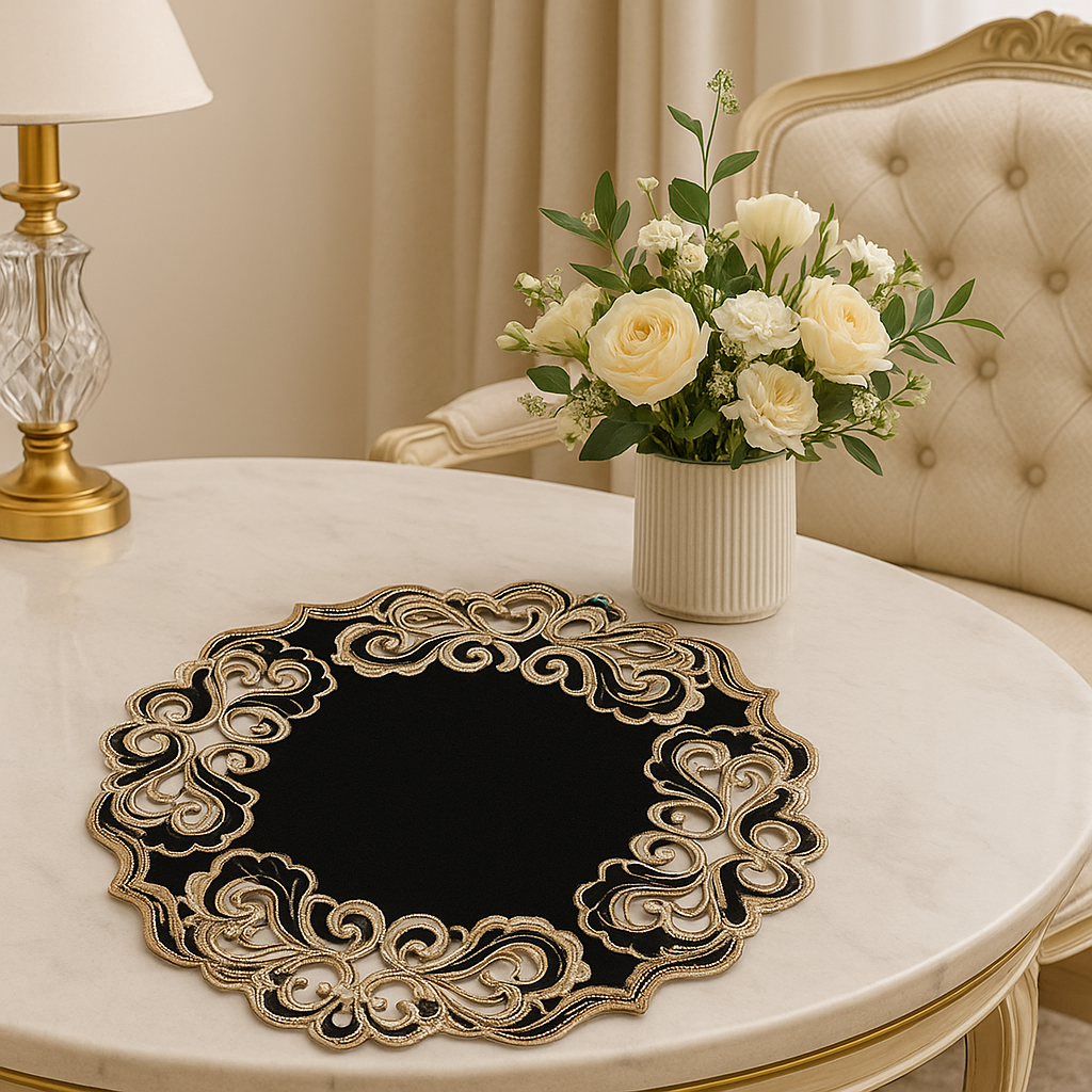 Set of four black woven farmhouse placemats for dining tables, washable home decor by Lamp Post for everyday and holiday use.