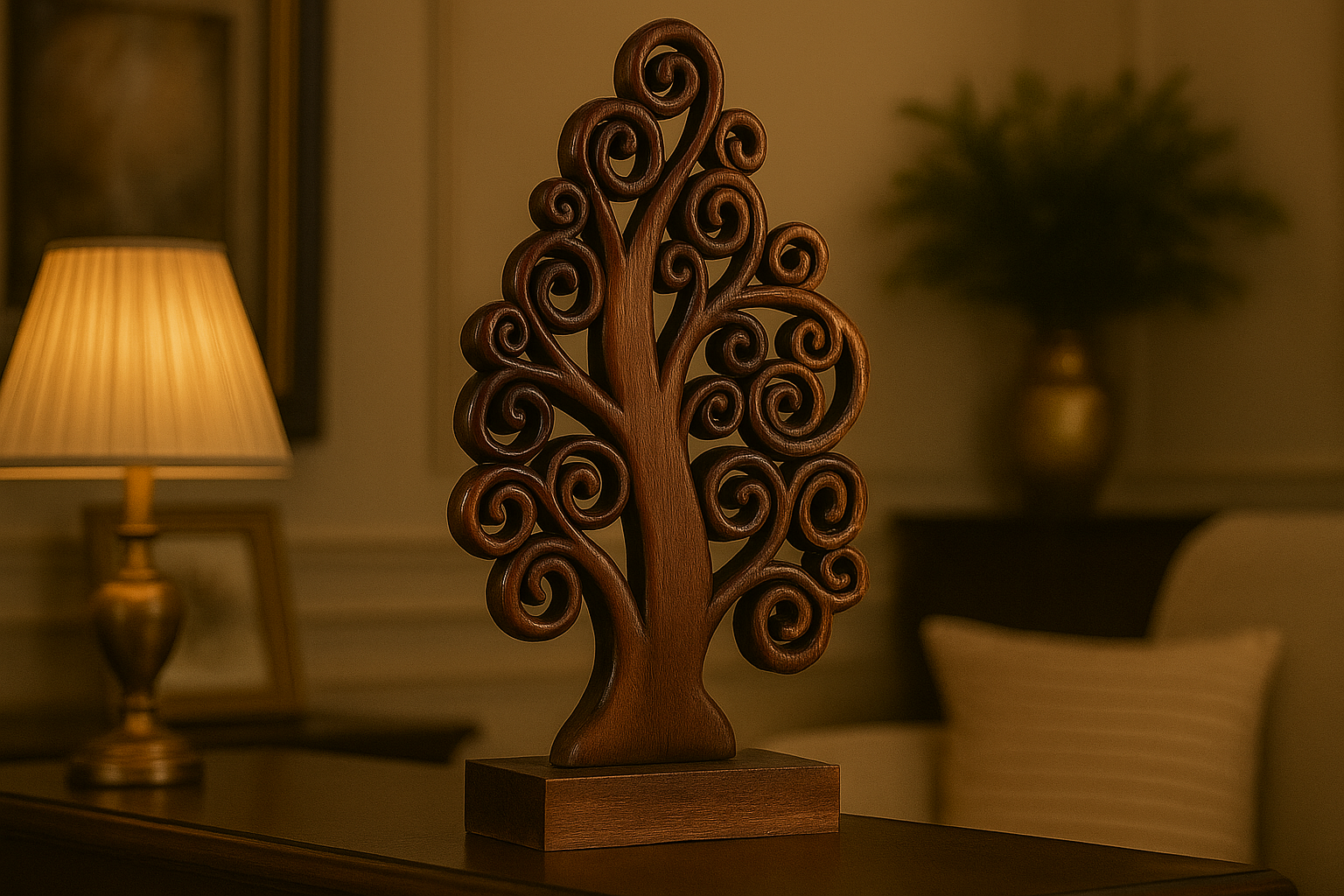 Handcrafted wooden Tree of Life sculpture for tabletop home decor, featuring detailed branches and natural wood finish by Lamp Post