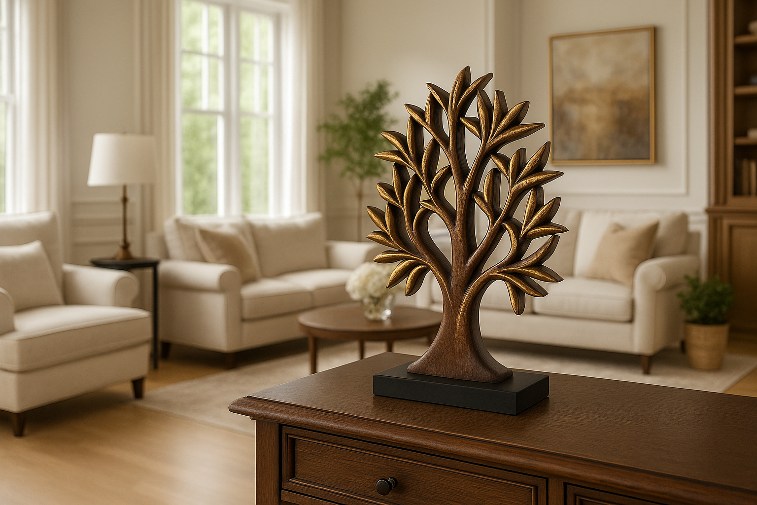 Handcrafted wooden Tree of Life sculpture for tabletop home decor by Lamp Post, featuring intricate natural wood details.