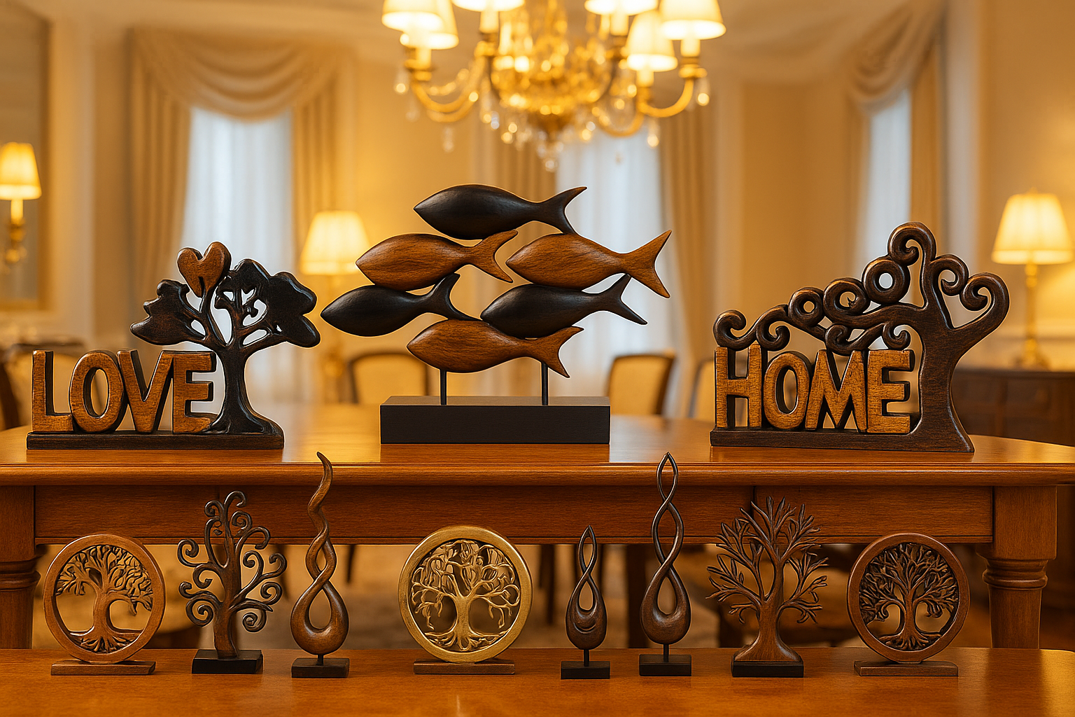 Handcrafted wooden Tree of Life sculpture for tabletop decor, featuring intricate branch details and natural wood finish.