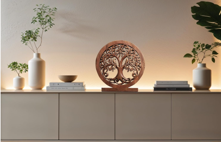 Handcrafted wooden Tree of Life sculpture for tabletop home decor, featuring intricate branches and natural wood finish.