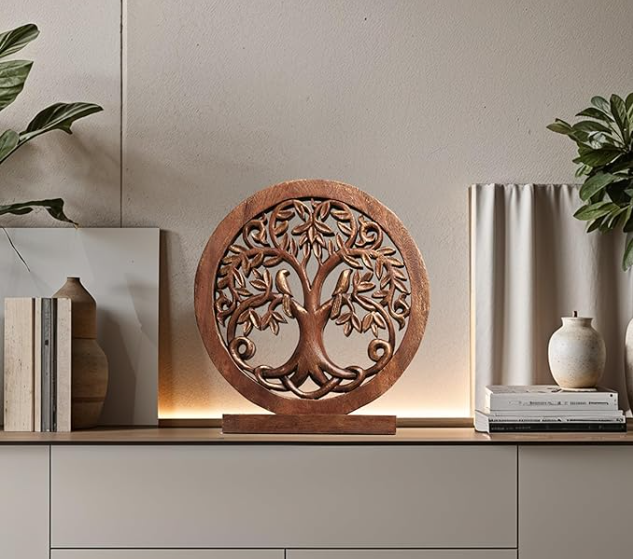 Handcrafted wooden Tree of Life sculpture for tabletop home decor, featuring detailed carved branches and natural wood finish.