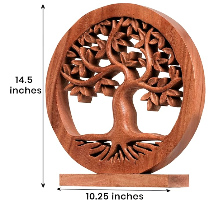 Handcrafted wooden Tree of Life sculpture for tabletop home decor, featuring intricate branch details and natural wood finish.