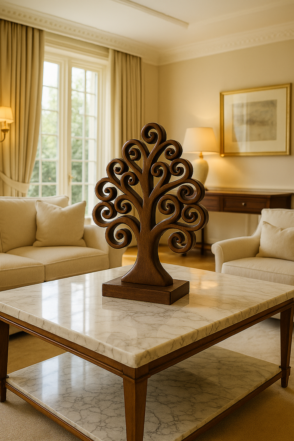 Handcrafted wooden Tree of Life sculpture for tabletop home decor, featuring detailed natural wood craftsmanship by Lamp Post.