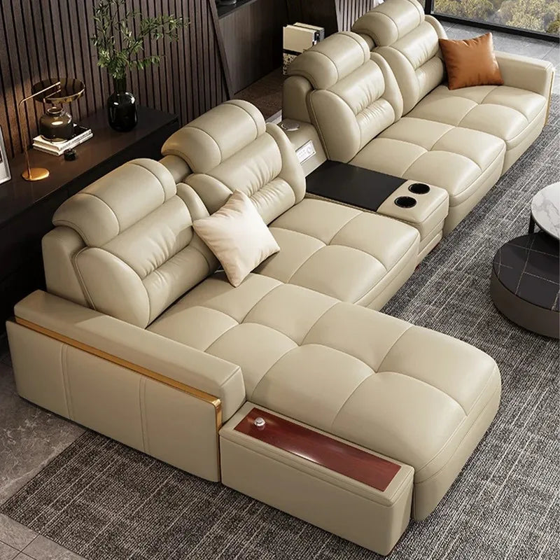 Luxury Italian genuine leather sectional sofa with built-in USB ports and Bluetooth speakers, modern home living room furniture.