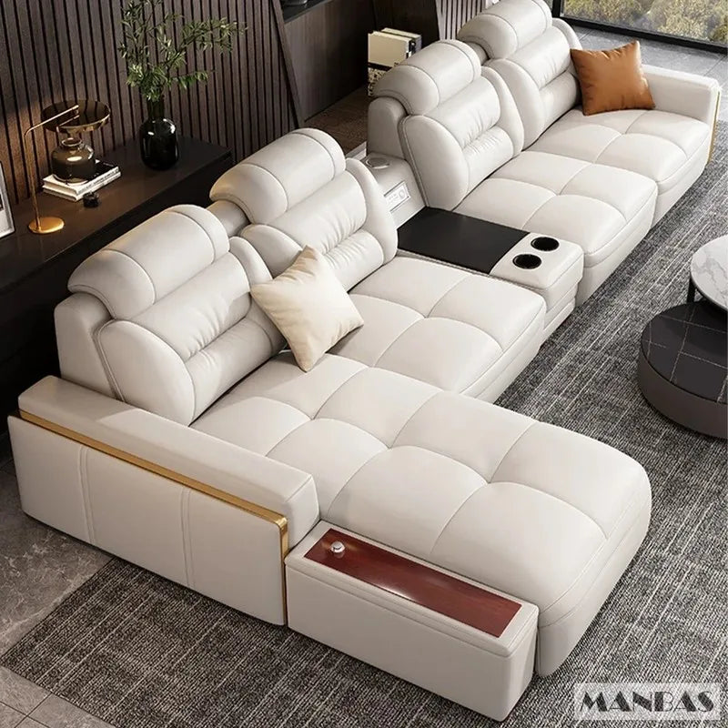 Luxury Italian genuine leather sectional sofa with built-in USB ports and Bluetooth speakers, modern living room furniture by Lamp Post.