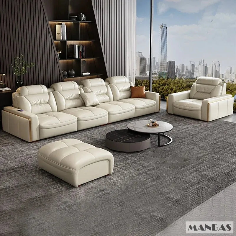 Luxury Italian genuine leather sectional sofa by Lamp Post with built-in USB ports and Bluetooth speakers for modern living rooms.