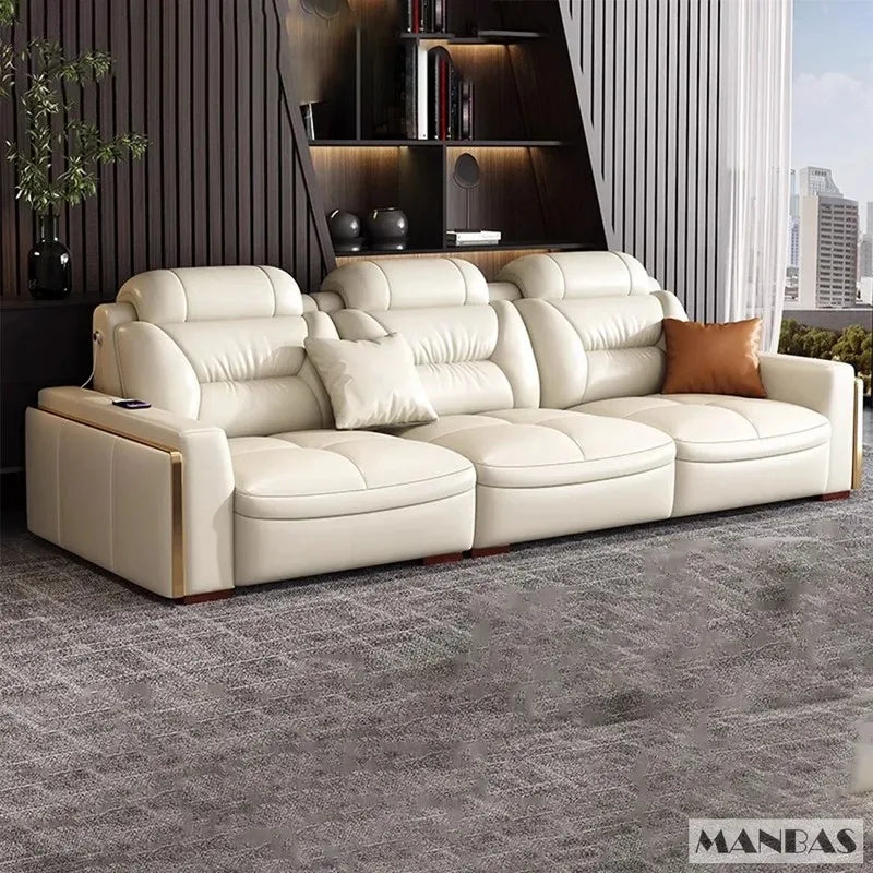 Luxury Italian genuine leather sectional sofa by Lamp Post with built-in USB ports and Bluetooth speakers, modern living room furniture.
