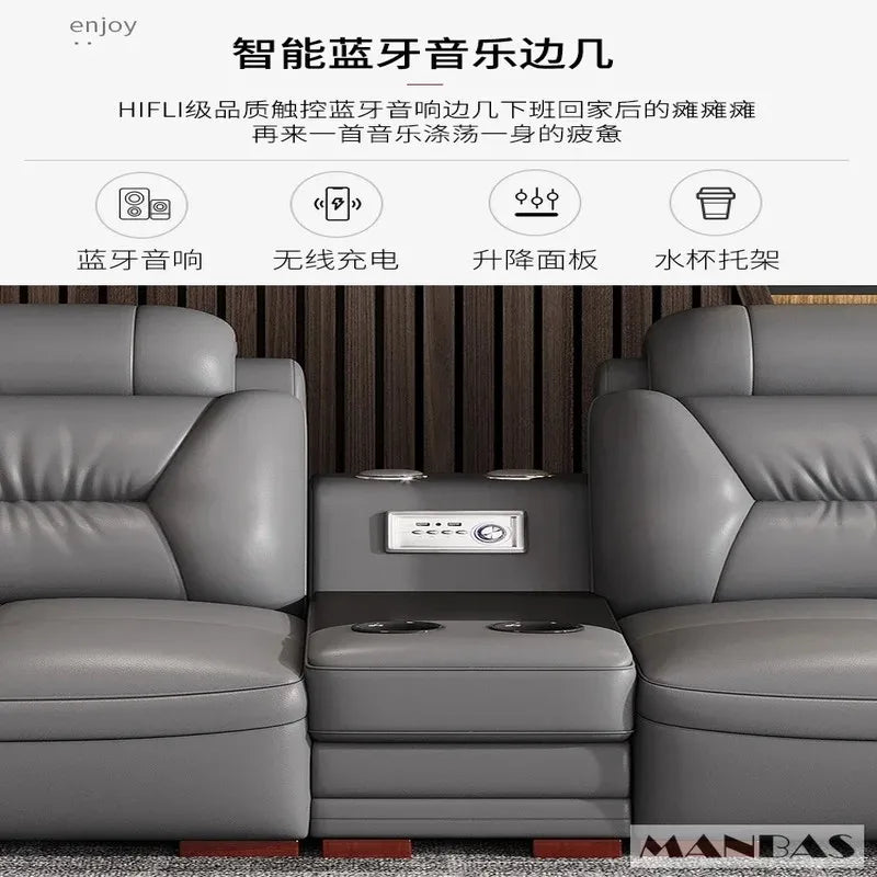 Luxury Italian genuine leather sectional sofa by Lamp Post with built-in USB ports and Bluetooth speakers for modern living rooms.