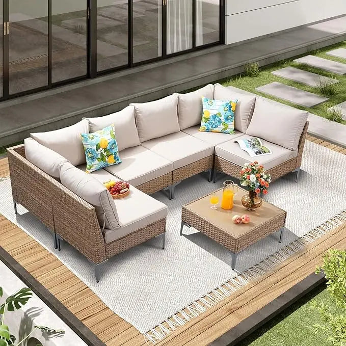 Lamp Post wicker outdoor sofa set with sectional sofa, coffee table, and matching chairs for patio or backyard seating.
