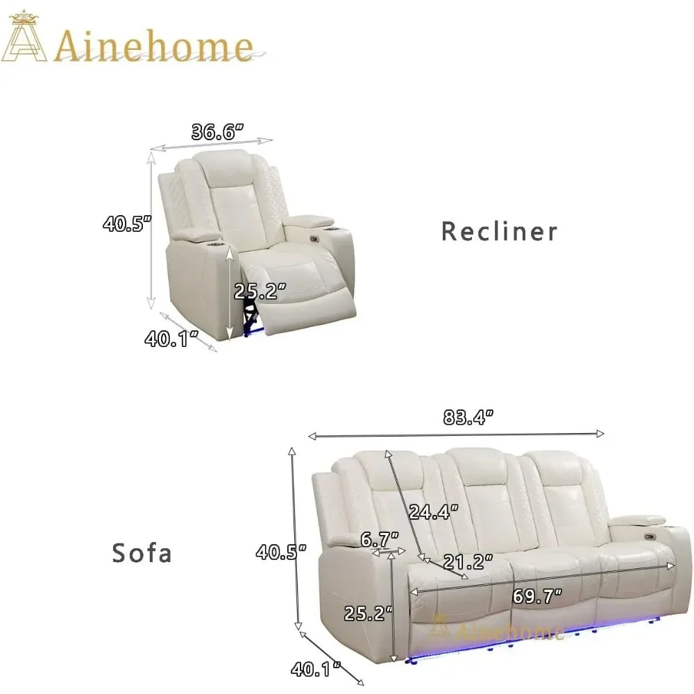 Lamp Post power reclining leather sofa and loveseat set with USB ports, hidden storage console, in khaki for a luxury sectional look.