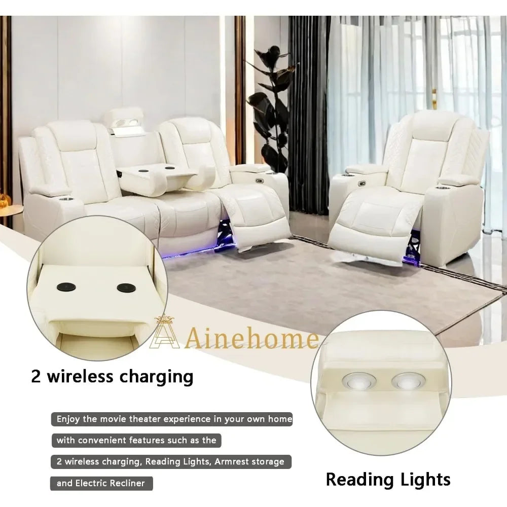 Lamp Post power reclining leather sofa and loveseat set with USB charging, hidden storage console, in khaki, luxury sectional couch.