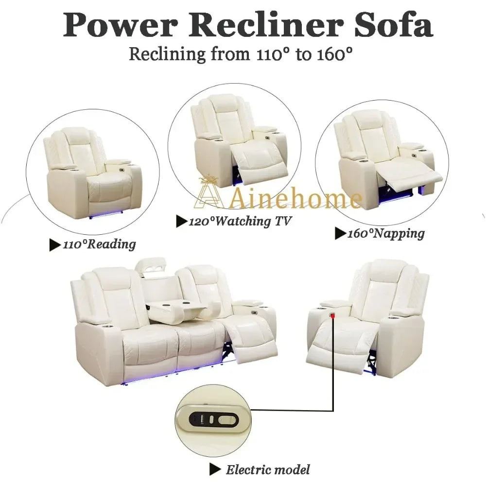 Lamp Post leather sofa and loveseat set with power recline, USB ports, and hidden storage, in khaki, luxurious sectional couch.